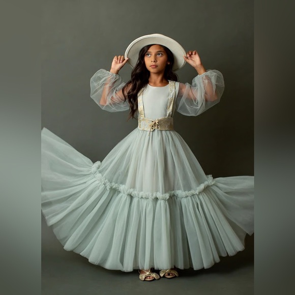 Joyfolie Tianna Girls 8 Dress Barely Blue Ruffled Maxi Long Sheer Bubble Sleeve - Picture 1 of 8